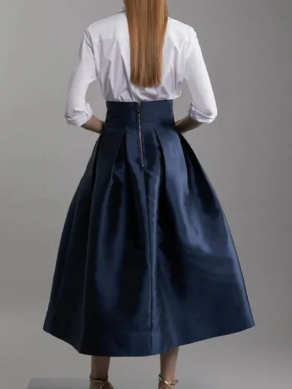A-Line High Waisted Pleated Solid Color Zipper Skirts Bottoms - Image 2