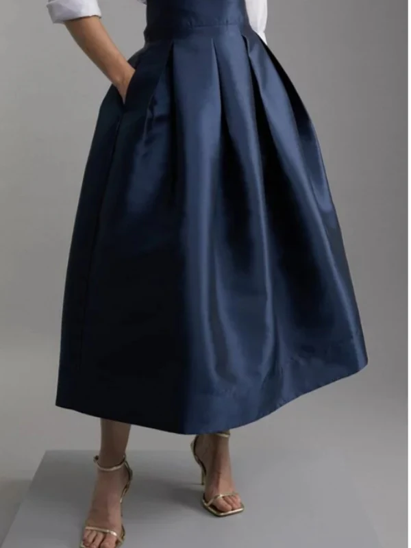 A-Line High Waisted Pleated Solid Color Zipper Skirts Bottoms - Image 3