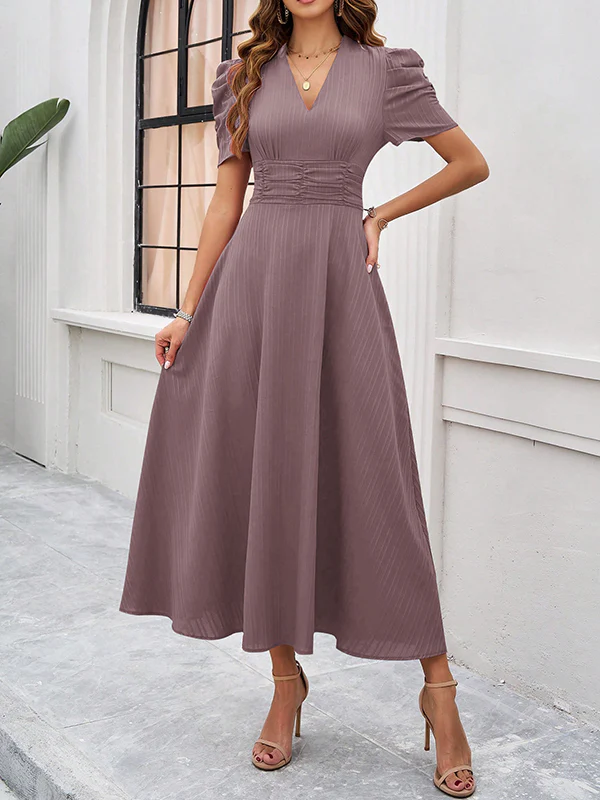 A-Line High Waisted Pleated Solid Color Zipper V-Neck Maxi Dresses - Image 11