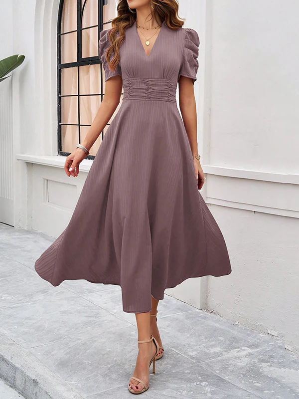 A-Line High Waisted Pleated Solid Color Zipper V-Neck Maxi Dresses - Image 12