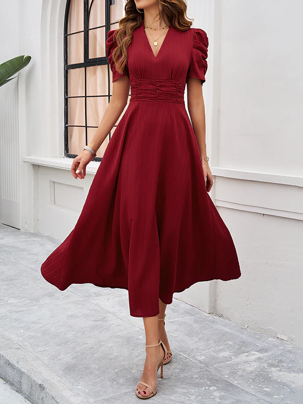 A-Line High Waisted Pleated Solid Color Zipper V-Neck Maxi Dresses - Image 14