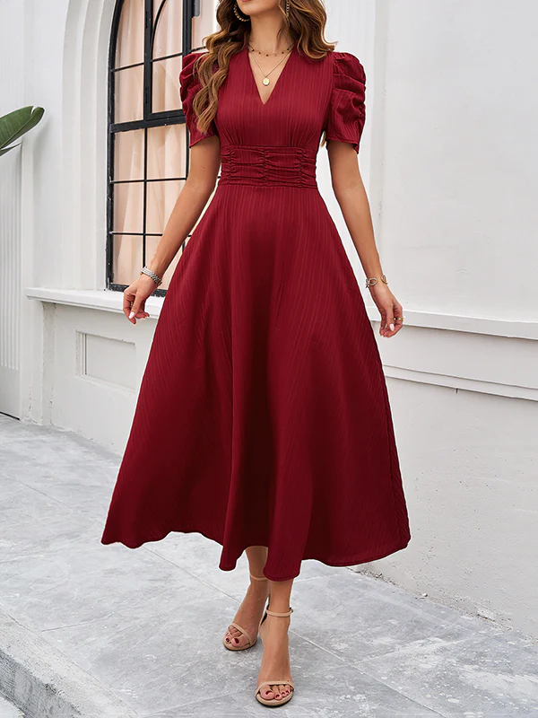 A-Line High Waisted Pleated Solid Color Zipper V-Neck Maxi Dresses - Image 15