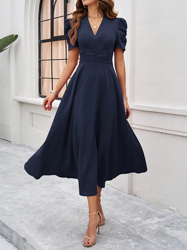 A-Line High Waisted Pleated Solid Color Zipper V-Neck Maxi Dresses - Image 17