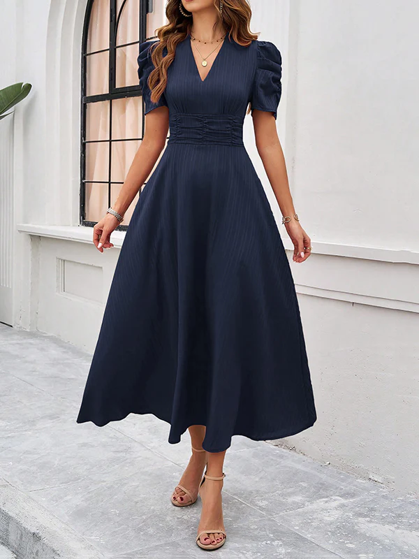 A-Line High Waisted Pleated Solid Color Zipper V-Neck Maxi Dresses - Image 19