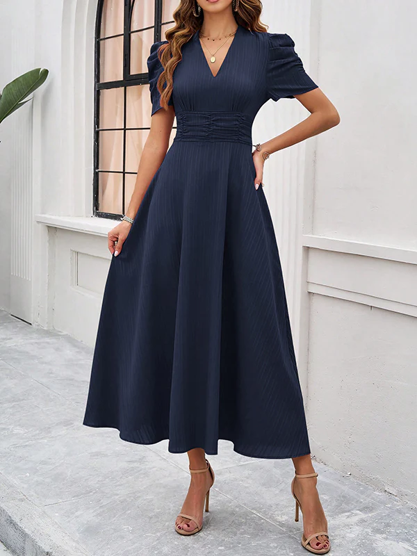A-Line High Waisted Pleated Solid Color Zipper V-Neck Maxi Dresses - Image 2