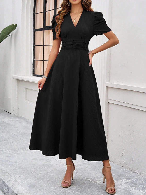 A-Line High Waisted Pleated Solid Color Zipper V-Neck Maxi Dresses - Image 20