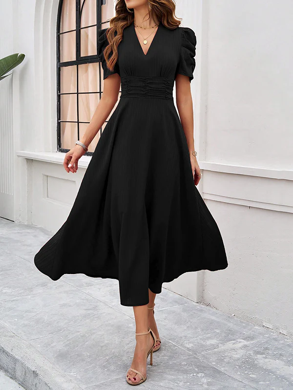 A-Line High Waisted Pleated Solid Color Zipper V-Neck Maxi Dresses - Image 22