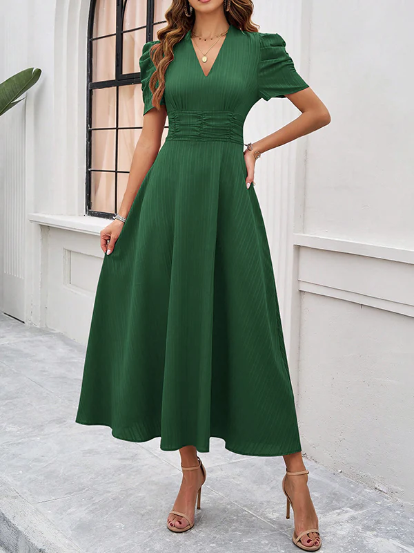 A-Line High Waisted Pleated Solid Color Zipper V-Neck Maxi Dresses - Image 3