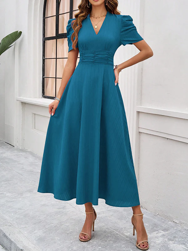A-Line High Waisted Pleated Solid Color Zipper V-Neck Maxi Dresses - Image 4