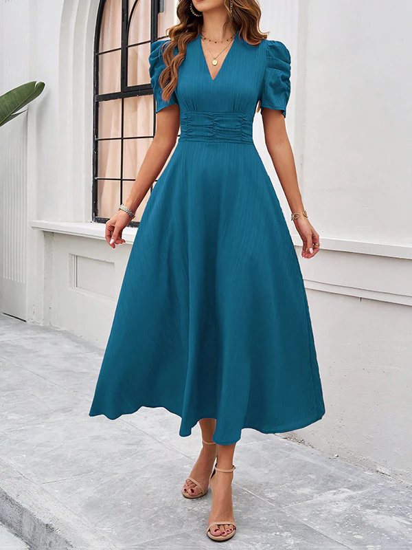 A-Line High Waisted Pleated Solid Color Zipper V-Neck Maxi Dresses - Image 5