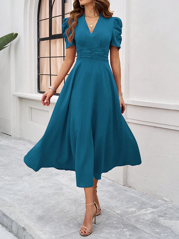 A-Line High Waisted Pleated Solid Color Zipper V-Neck Maxi Dresses - Image 6