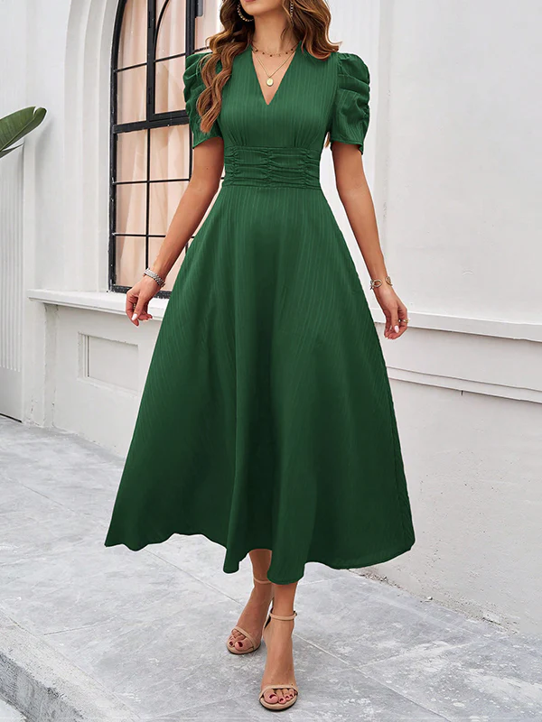 A-Line High Waisted Pleated Solid Color Zipper V-Neck Maxi Dresses - Image 8