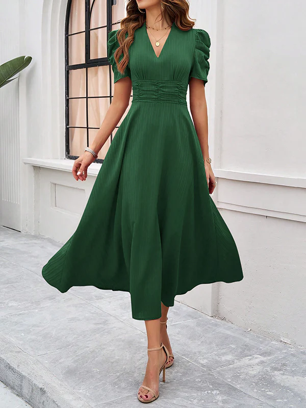 A-Line High Waisted Pleated Solid Color Zipper V-Neck Maxi Dresses - Image 9