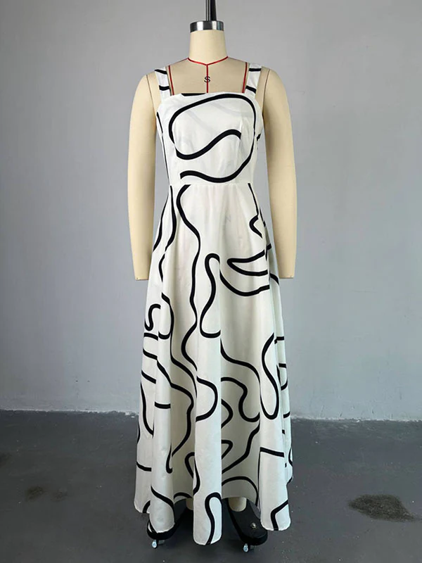 A-Line High Waisted Pockets Printed Split-Joint Spaghetti-Neck Maxi Dresses - Image 3