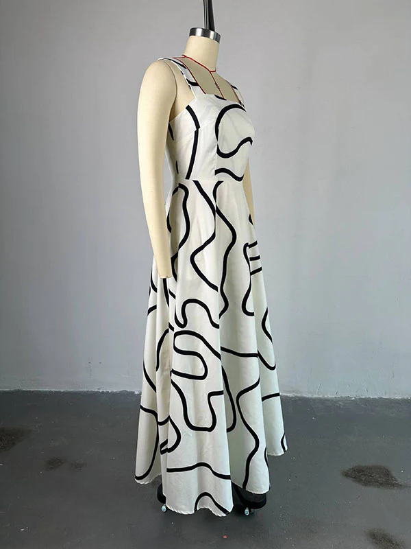 A-Line High Waisted Pockets Printed Split-Joint Spaghetti-Neck Maxi Dresses - Image 4