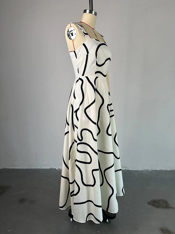 A-Line High Waisted Pockets Printed Split-Joint Spaghetti-Neck Maxi Dresses - Image 5