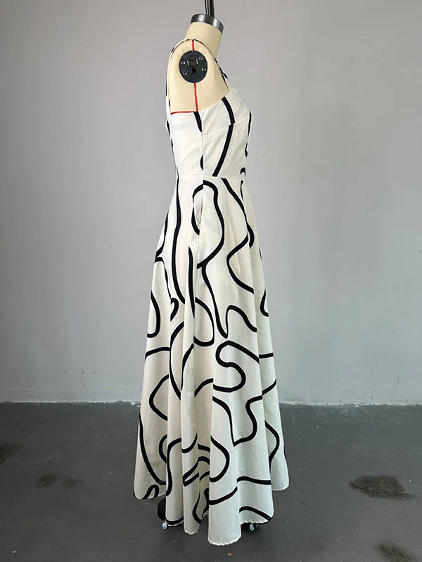 A-Line High Waisted Pockets Printed Split-Joint Spaghetti-Neck Maxi Dresses - Image 6
