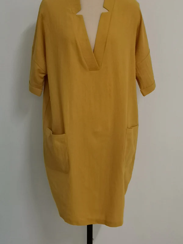 A-Line High Waisted Pockets Solid Color Split-Joint V-Neck Mini Dresses - Image 8