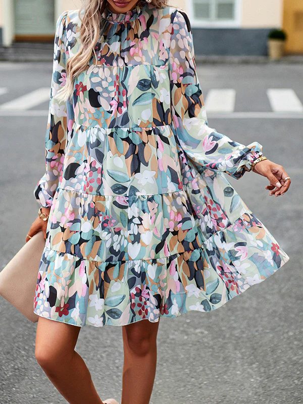 A-Line High Waisted Printed Split-Joint Tied Mock Neck Mini Dresses - Image 2