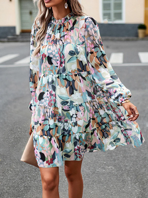 A-Line High Waisted Printed Split-Joint Tied Mock Neck Mini Dresses - Image 3