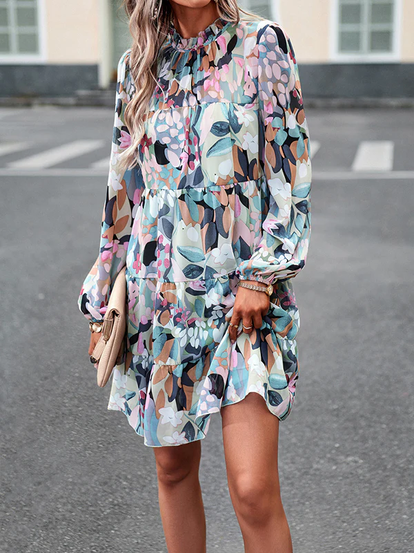 A-Line High Waisted Printed Split-Joint Tied Mock Neck Mini Dresses - Image 4