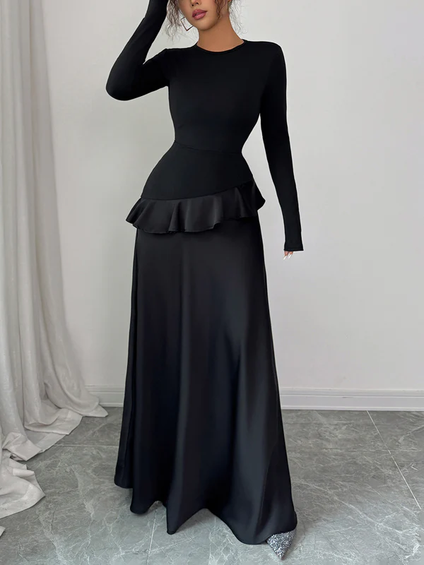 A-Line High Waisted Ruffle Trim Solid Color Split-Joint Round-Neck Maxi Dresses - Image 2