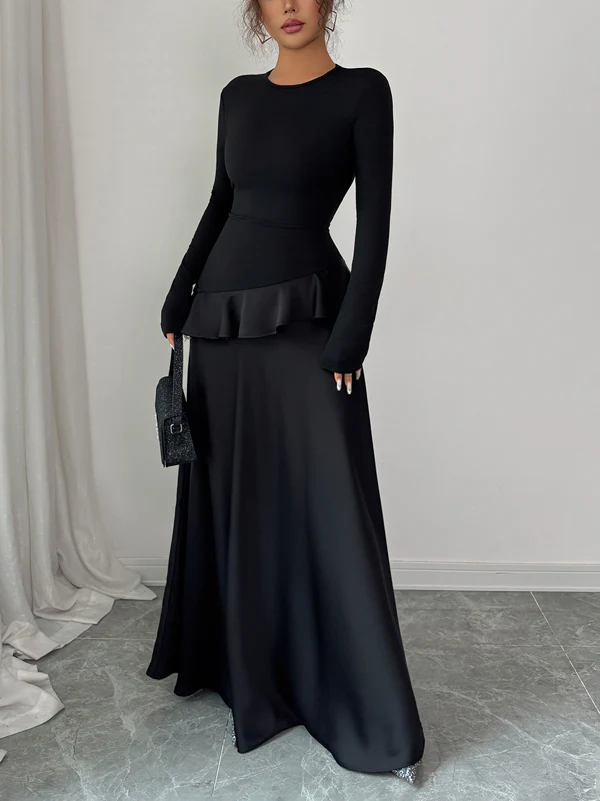 A-Line High Waisted Ruffle Trim Solid Color Split-Joint Round-Neck Maxi Dresses - Image 3