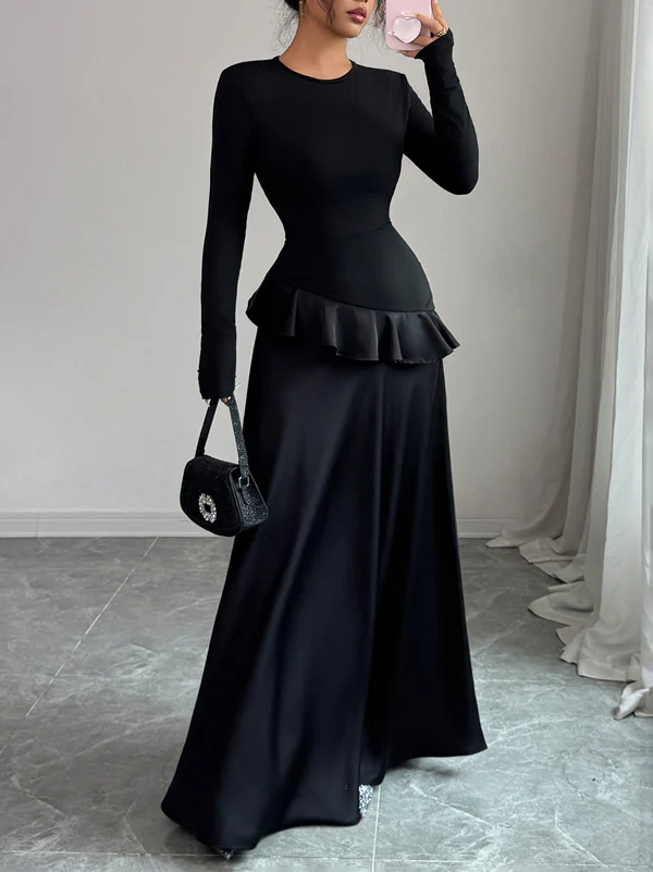 A-Line High Waisted Ruffle Trim Solid Color Split-Joint Round-Neck Maxi Dresses - Image 4