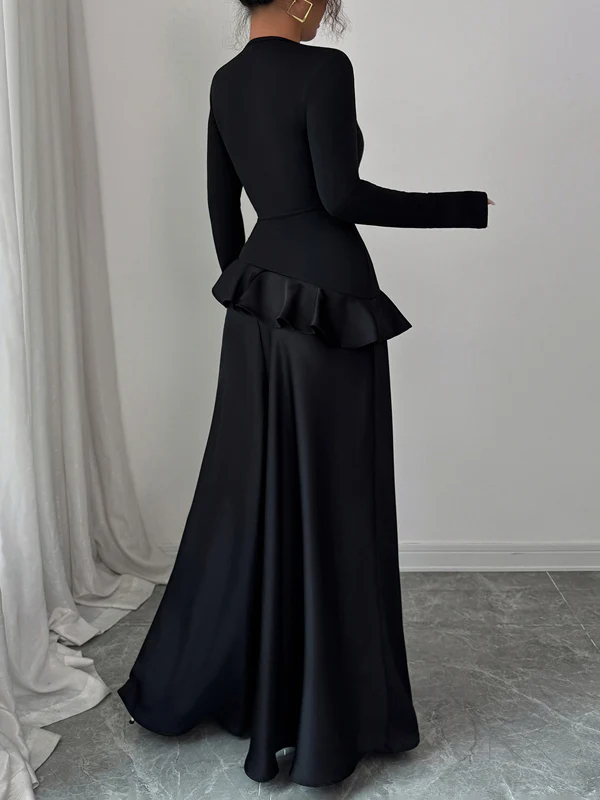 A-Line High Waisted Ruffle Trim Solid Color Split-Joint Round-Neck Maxi Dresses - Image 5