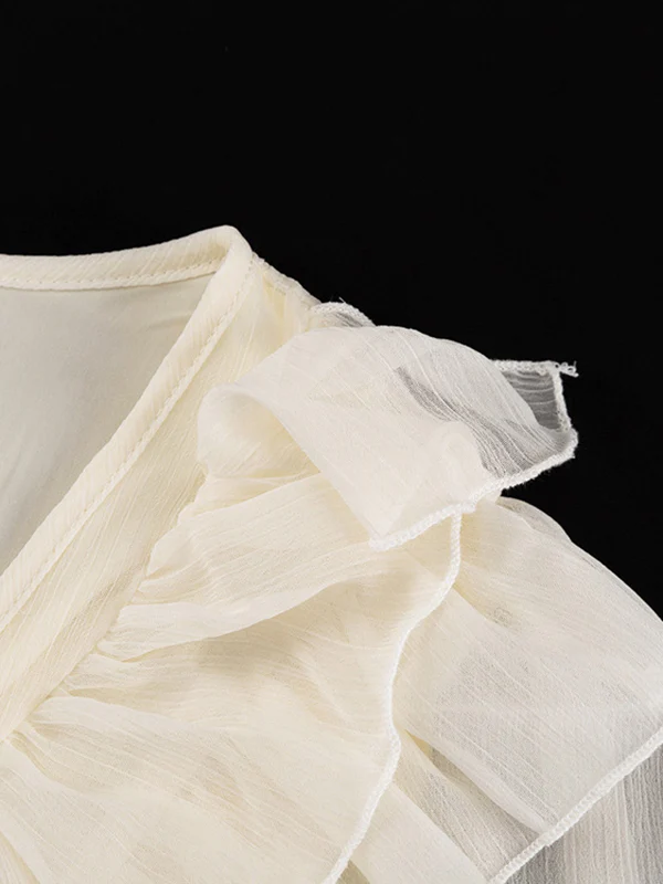 A-Line High Waisted Ruffle Trim Solid Color Tied V-Neck Mini Dresses - Image 12