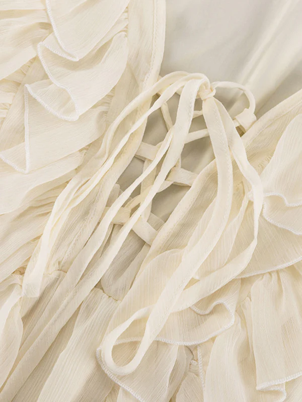 A-Line High Waisted Ruffle Trim Solid Color Tied V-Neck Mini Dresses - Image 14