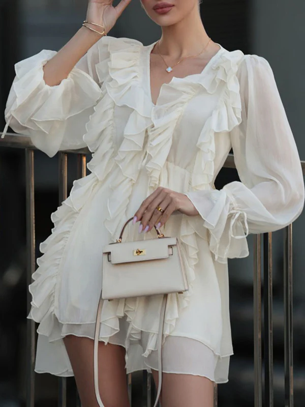 A-Line High Waisted Ruffle Trim Solid Color Tied V-Neck Mini Dresses - Image 3