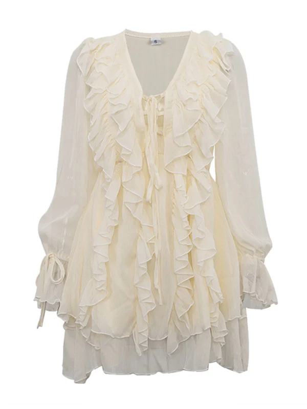 A-Line High Waisted Ruffle Trim Solid Color Tied V-Neck Mini Dresses - Image 8