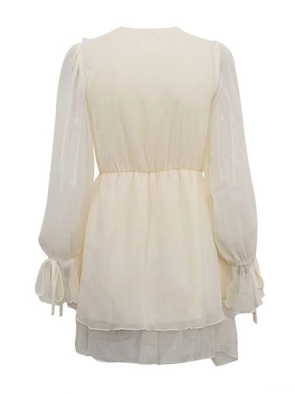 A-Line High Waisted Ruffle Trim Solid Color Tied V-Neck Mini Dresses - Image 9