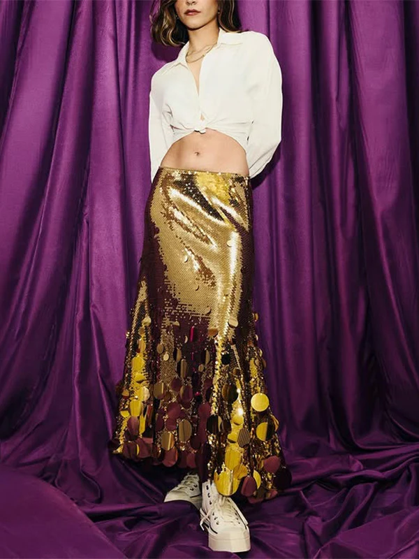 A-Line High Waisted Sequined Shiny Skirts Bottoms - Image 3