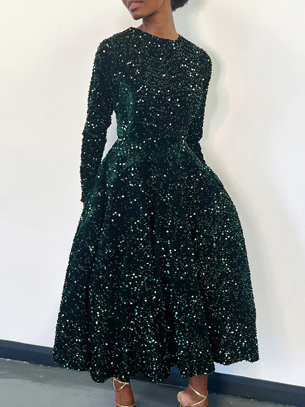 A-Line High Waisted Sequined Split-Joint Zipper Round-Neck Maxi Dresses - Image 10