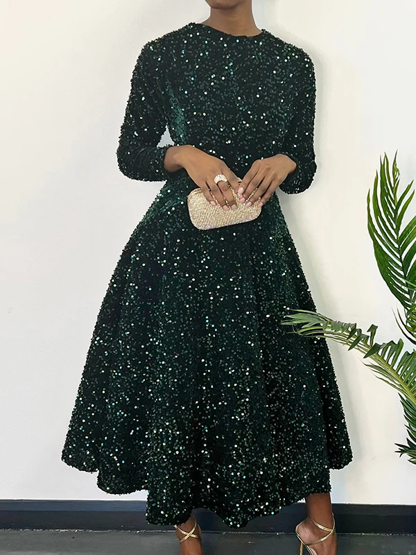 A-Line High Waisted Sequined Split-Joint Zipper Round-Neck Maxi Dresses - Image 11