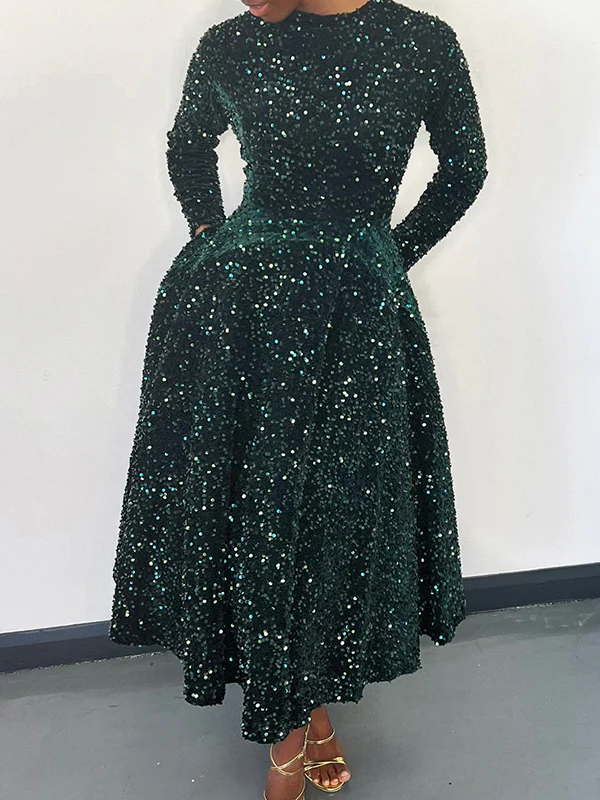 A-Line High Waisted Sequined Split-Joint Zipper Round-Neck Maxi Dresses - Image 13