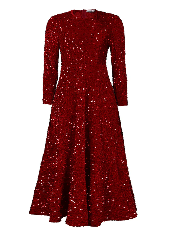 A-Line High Waisted Sequined Split-Joint Zipper Round-Neck Maxi Dresses - Image 14