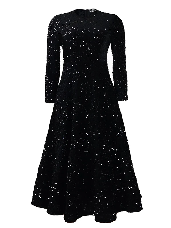 A-Line High Waisted Sequined Split-Joint Zipper Round-Neck Maxi Dresses - Image 15