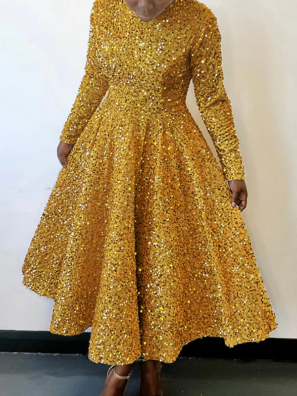 A-Line High Waisted Sequined Split-Joint Zipper Round-Neck Maxi Dresses - Image 2