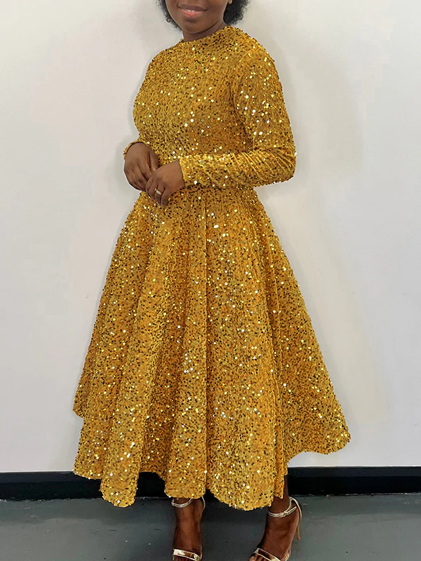 A-Line High Waisted Sequined Split-Joint Zipper Round-Neck Maxi Dresses - Image 3