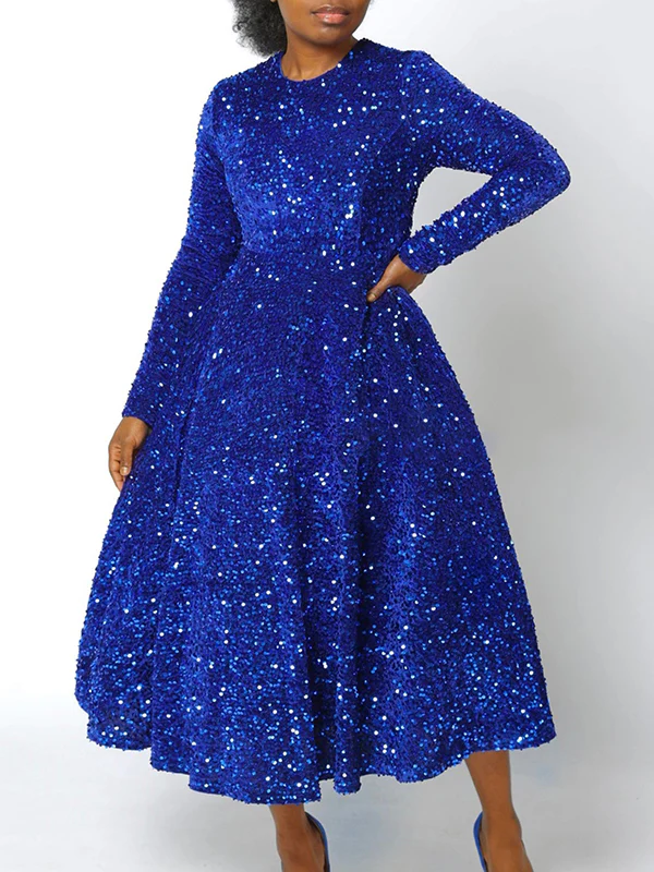 A-Line High Waisted Sequined Split-Joint Zipper Round-Neck Maxi Dresses - Image 5
