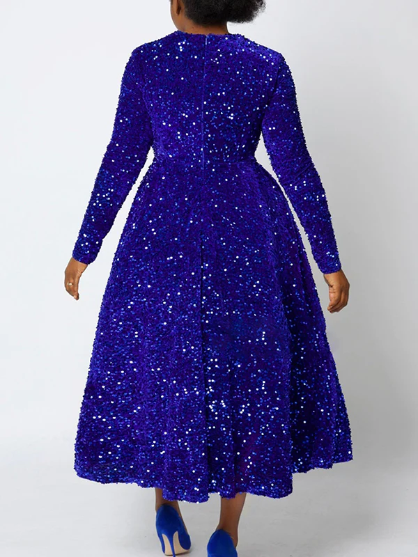 A-Line High Waisted Sequined Split-Joint Zipper Round-Neck Maxi Dresses - Image 6