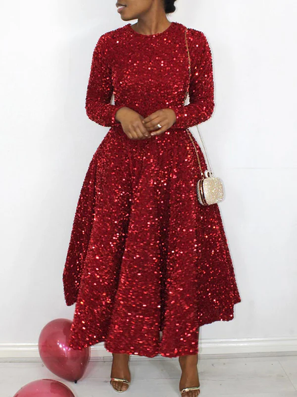 A-Line High Waisted Sequined Split-Joint Zipper Round-Neck Maxi Dresses - Image 7