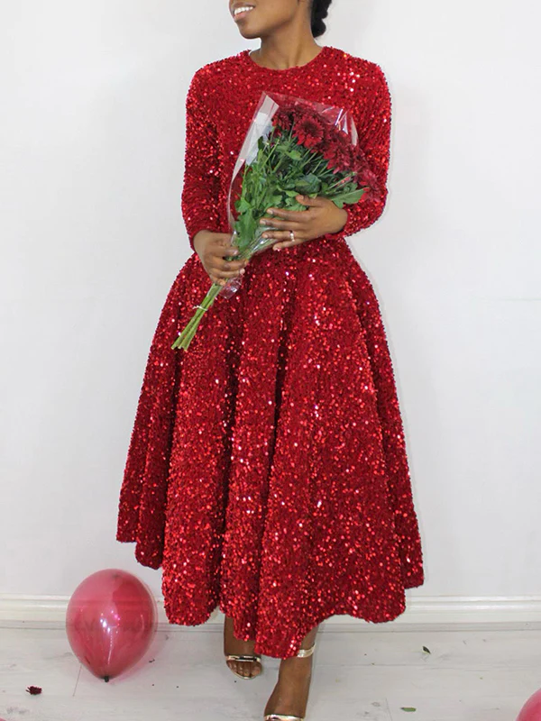 A-Line High Waisted Sequined Split-Joint Zipper Round-Neck Maxi Dresses - Image 8