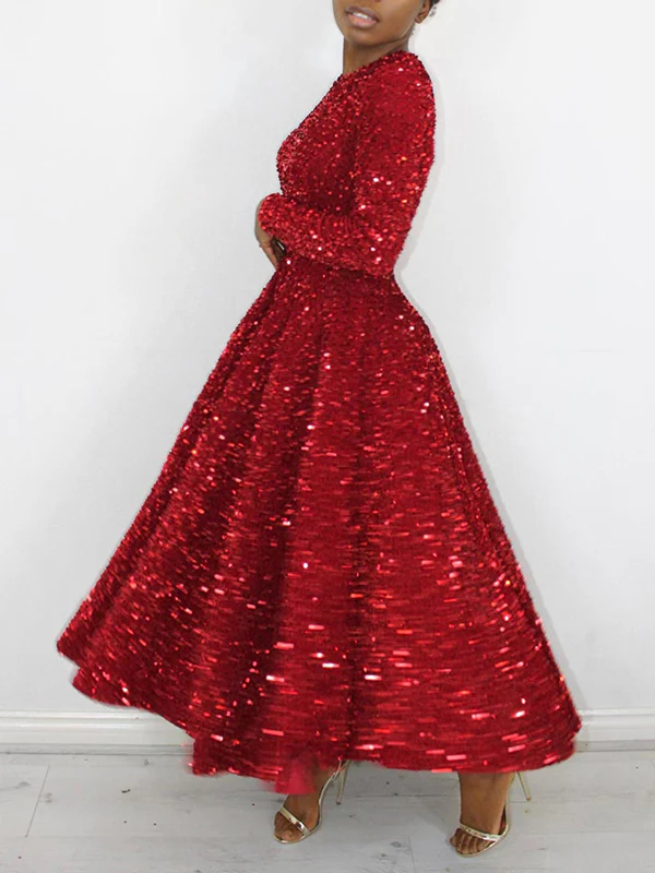 A-Line High Waisted Sequined Split-Joint Zipper Round-Neck Maxi Dresses - Image 9