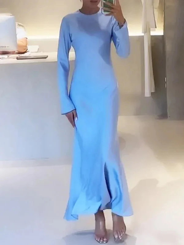 A-Line High Waisted Solid Color Round-Neck Maxi Dresses - Image 2