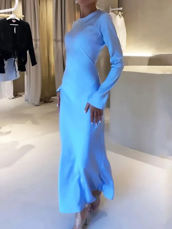 A-Line High Waisted Solid Color Round-Neck Maxi Dresses - Image 3