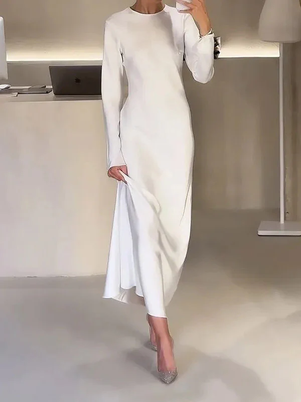 A-Line High Waisted Solid Color Round-Neck Maxi Dresses - Image 4